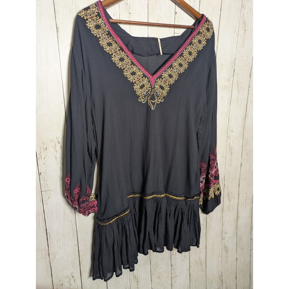 Free People Black Embroidered Boho Peasant Tunic Dress Small Whimsigoth Festival